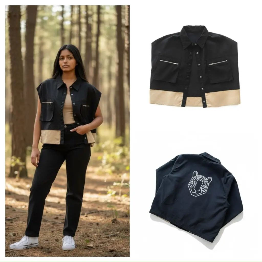 Black and cream cropped utility vest with glitter tiger print on the back