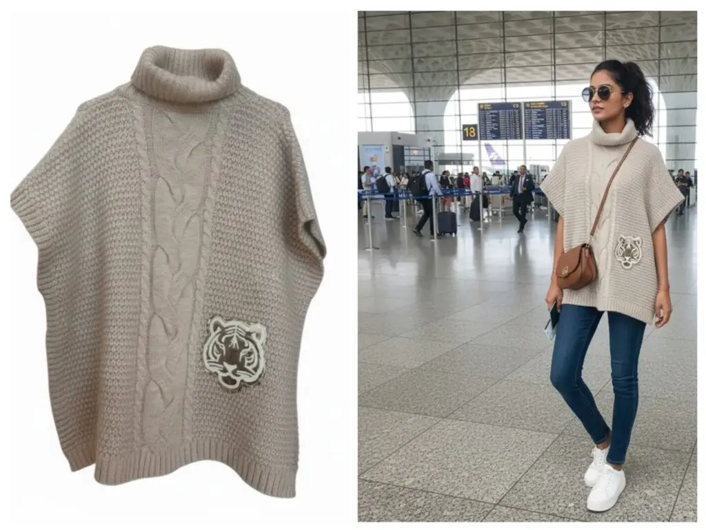 Cream knit turtleneck poncho with faux-leather hand-stitched tiger appliqu&eacute;
