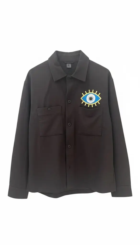Black custom-made button-down shirt with foil, holographic and glitter nazar/evil eye print