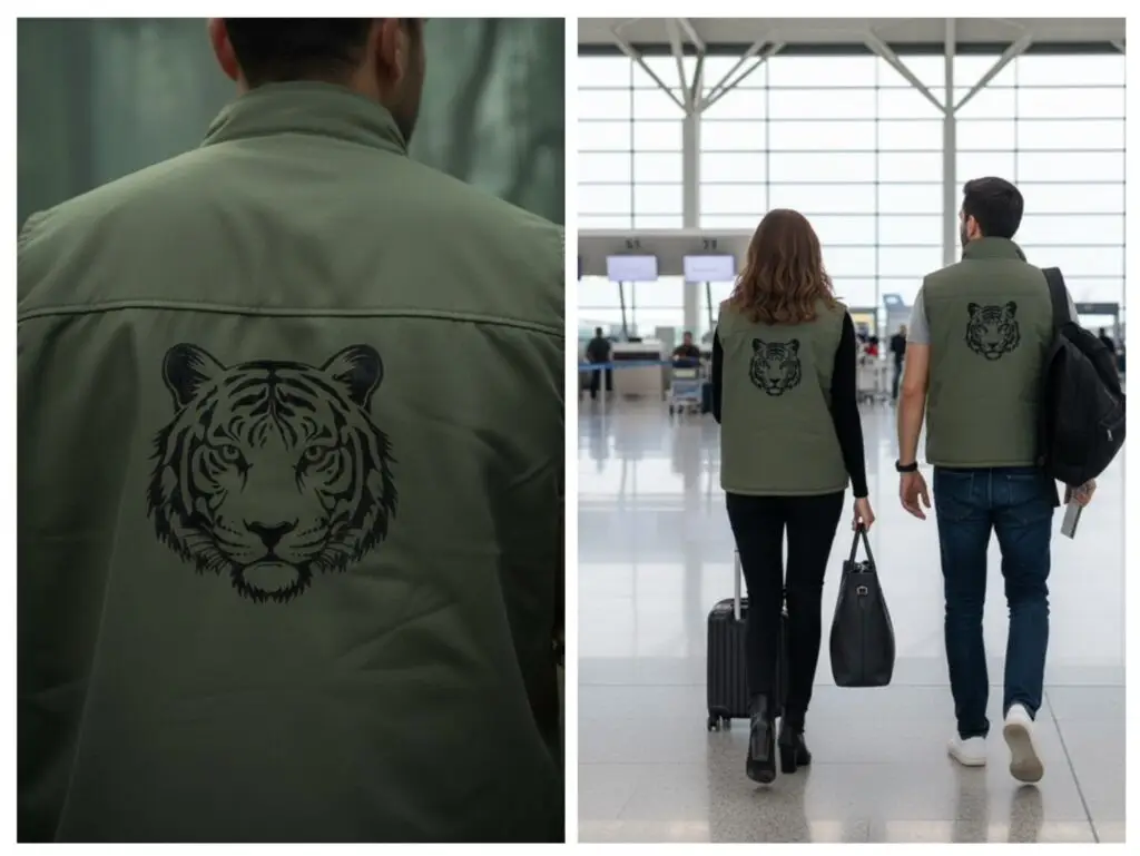 Olive green utility travel vest with bold tiger in velvet cutwork on the back