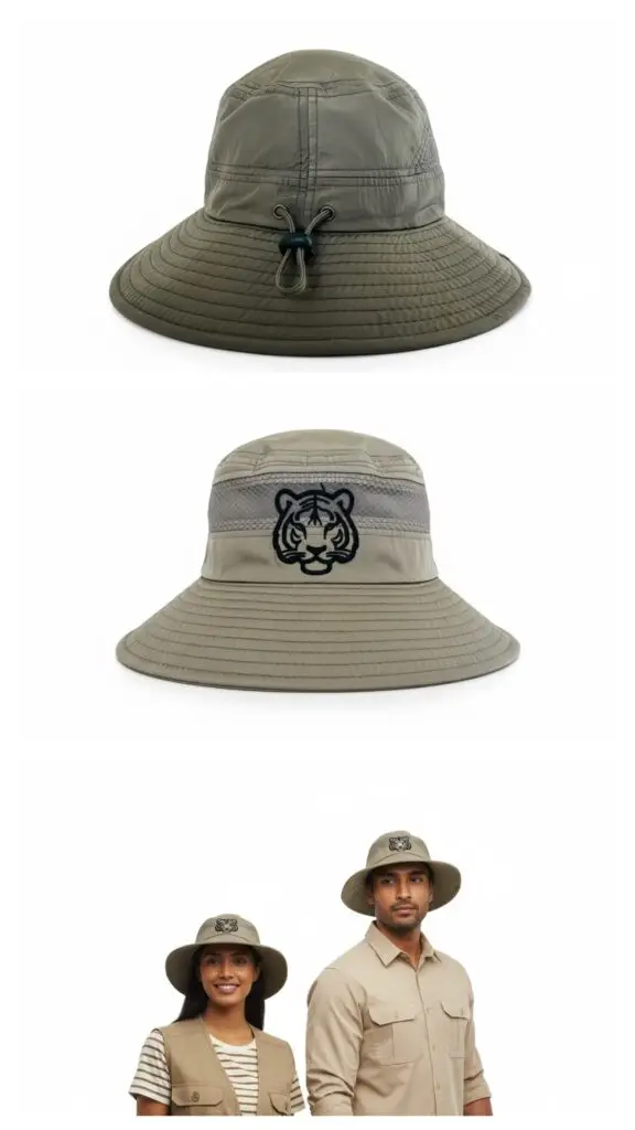 Olive UV-protected sun hat with velvet tiger cutwork patch and adjustable drawstring tie