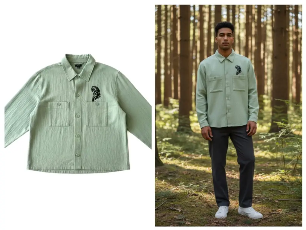 Sage green relaxed camp shirt with velvet tiger cutwork appliqu&eacute; on the chest