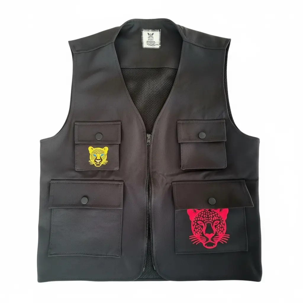 Dark multi-pocket utility safari vest with yellow and pink velvet cutwork leopard appliqu&eacute;s