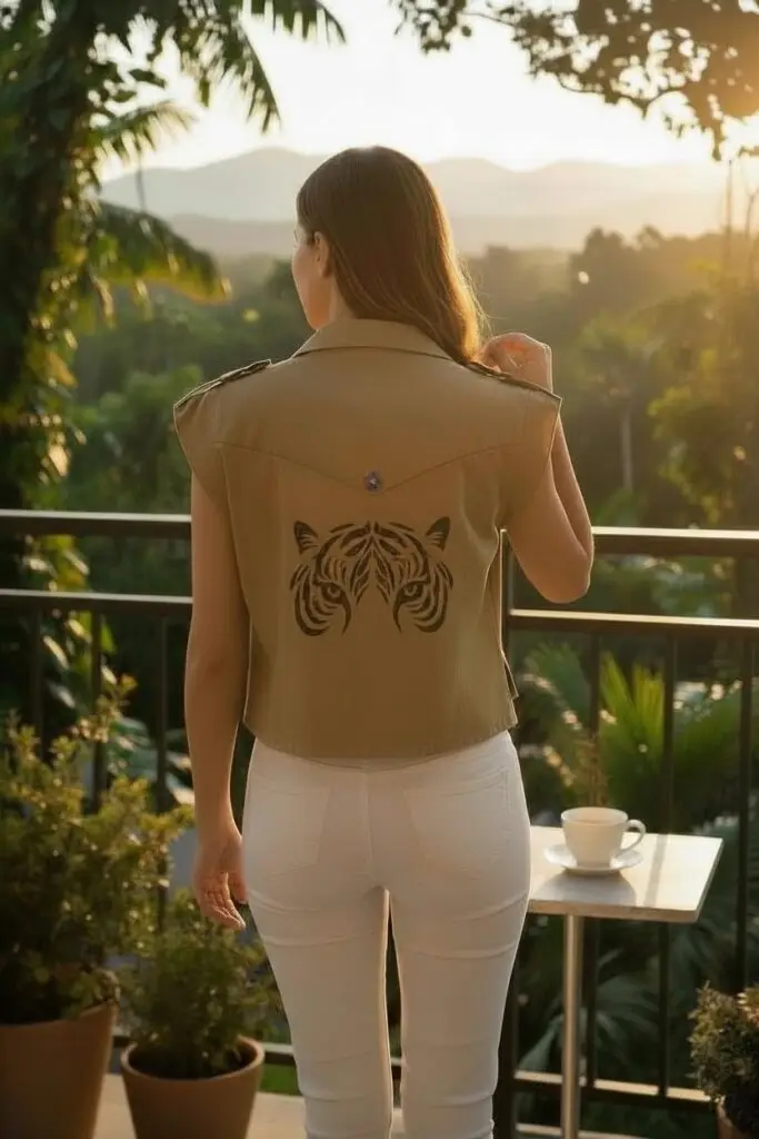 Tan cropped sleeveless safari vest with glitter tiger eyes on the back