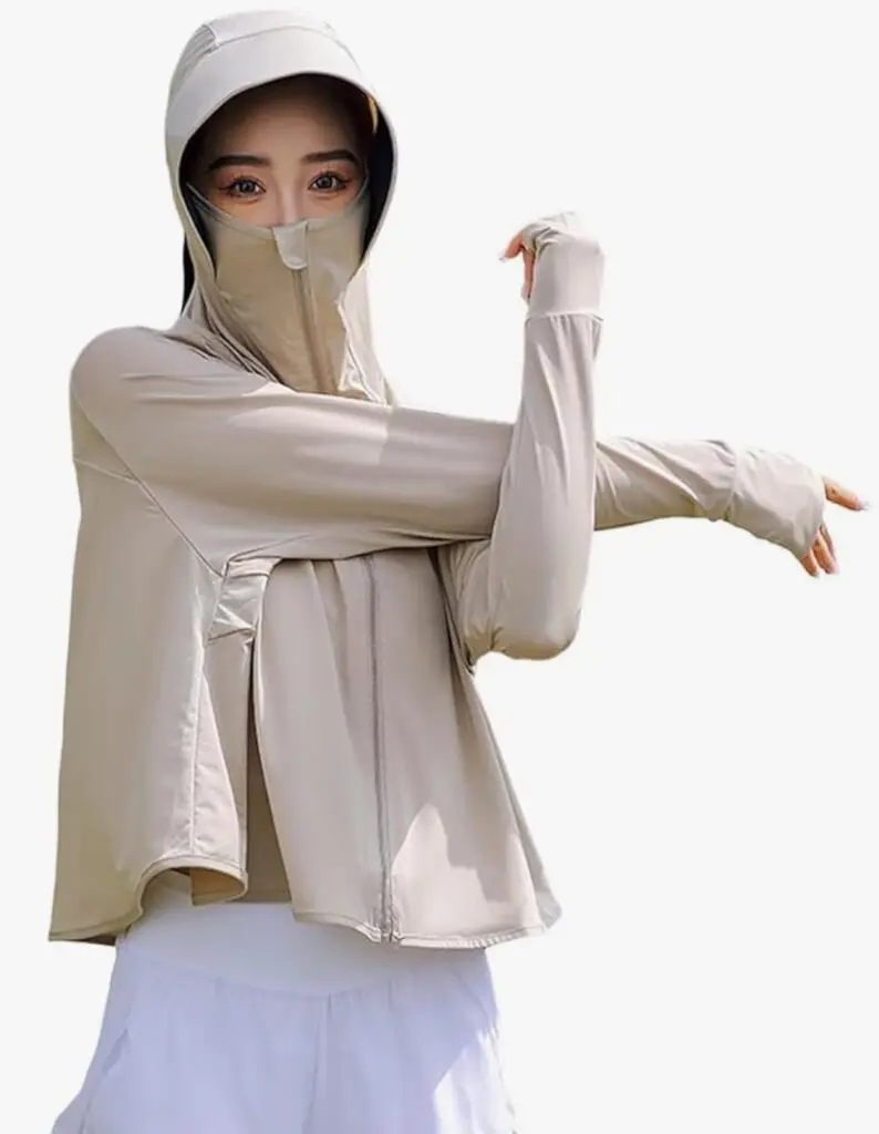 Cream UV-protective hooded safari jacket with face shield and thumb-hole sleeves
