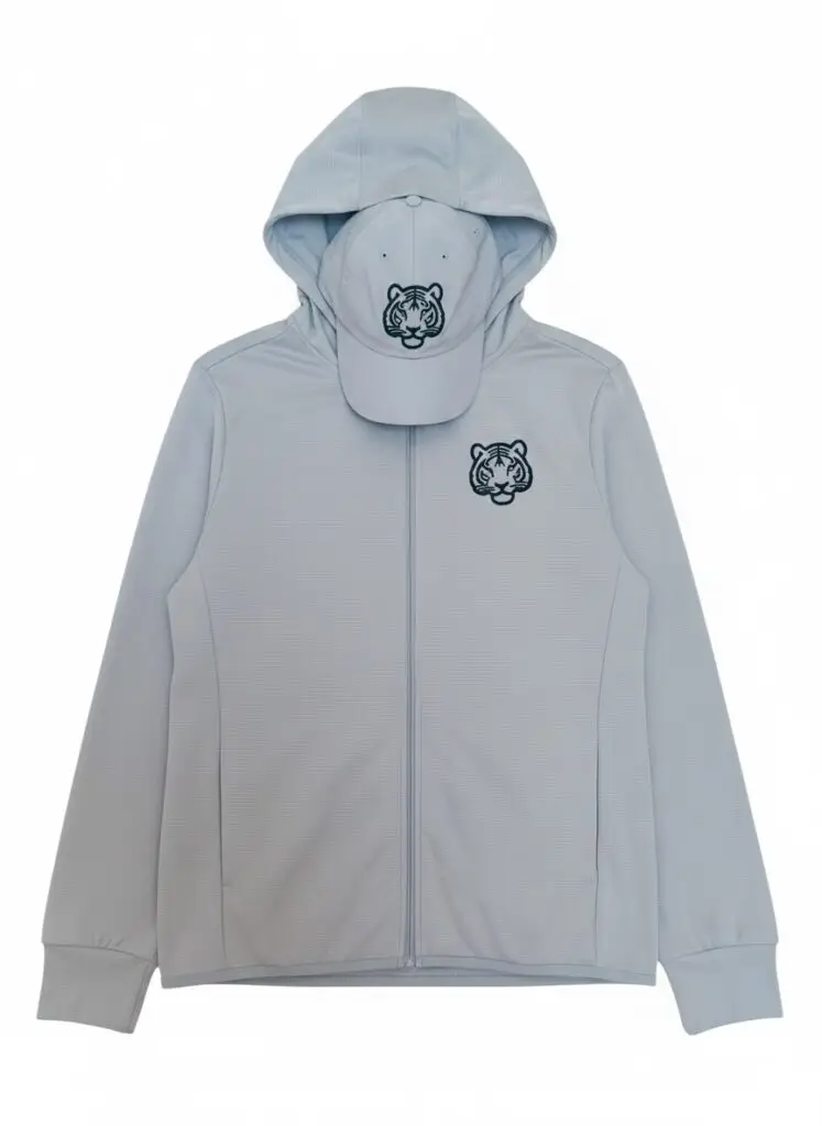 Light grey hooded zip-up jacket and cap with velvet tiger cutwork appliqu&eacute;s