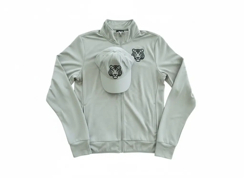 Cream athleisure zip-up jacket and baseball cap with velvet tiger cutwork appliqu&eacute;s