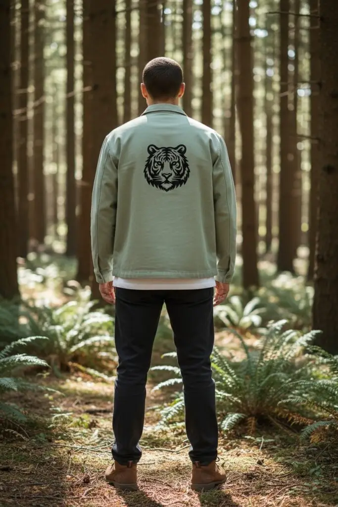 Man wearing sage overshirt with velvet tiger cutwork appliqu&eacute;, back view in forest