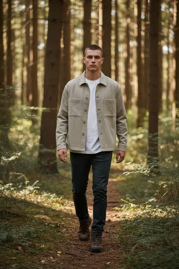 Man wearing sage camp shirt over white tee, walking through forest