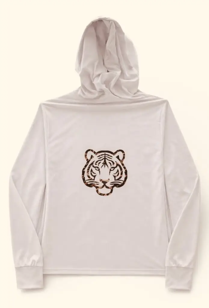 Cream UV-protected hooded jacket with hand-drawn tiger face graphic on the back