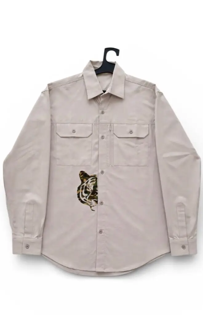 UV-protected beige safari shirt with half tiger-camo print