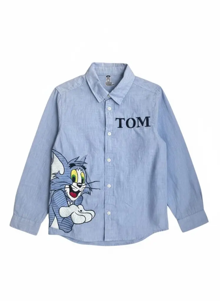 Blue customised father and son button-down shirt with personalised name and character