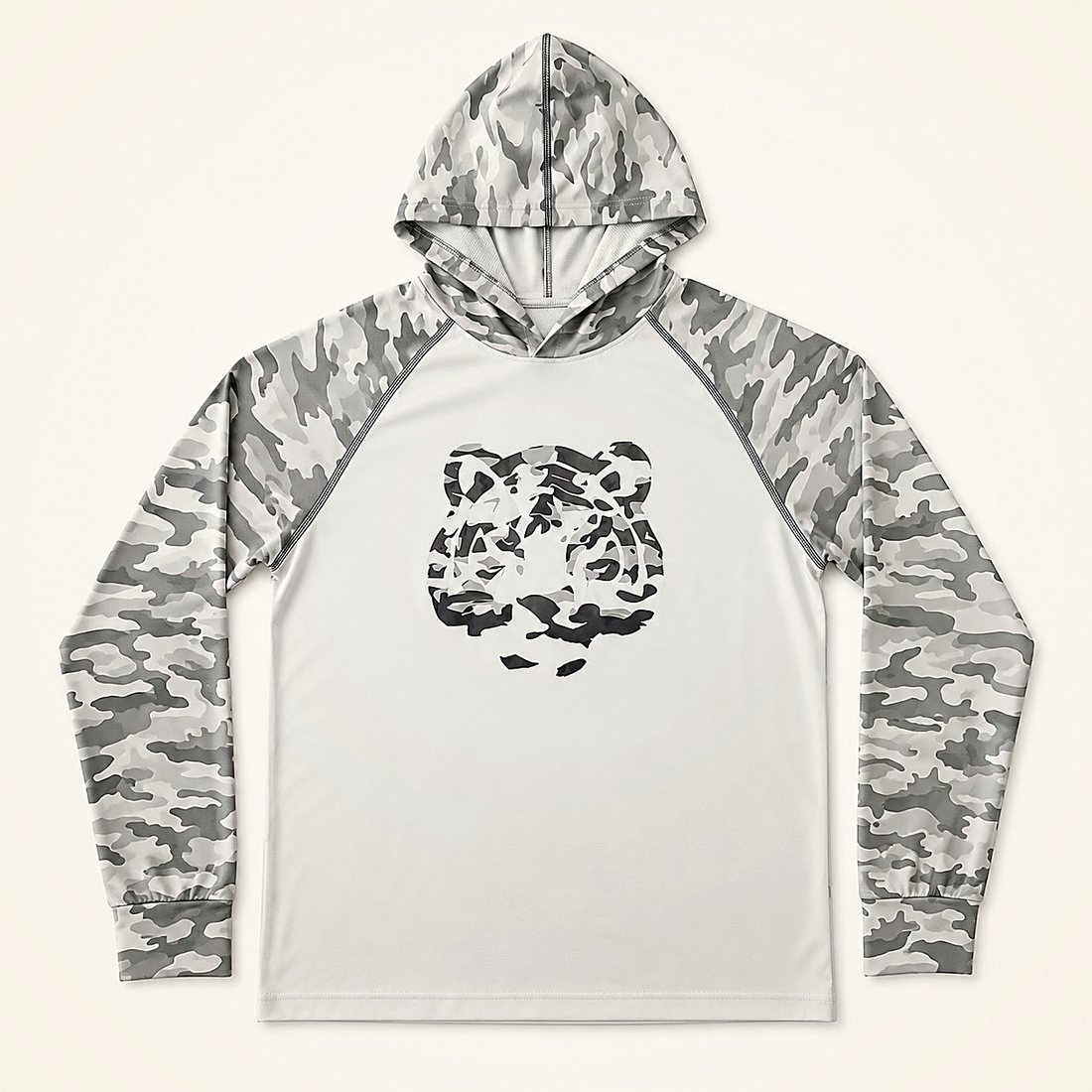 The Kids' Sun Hoodie in Camo — white and camouflage hooded top with a camo tiger face at the chest