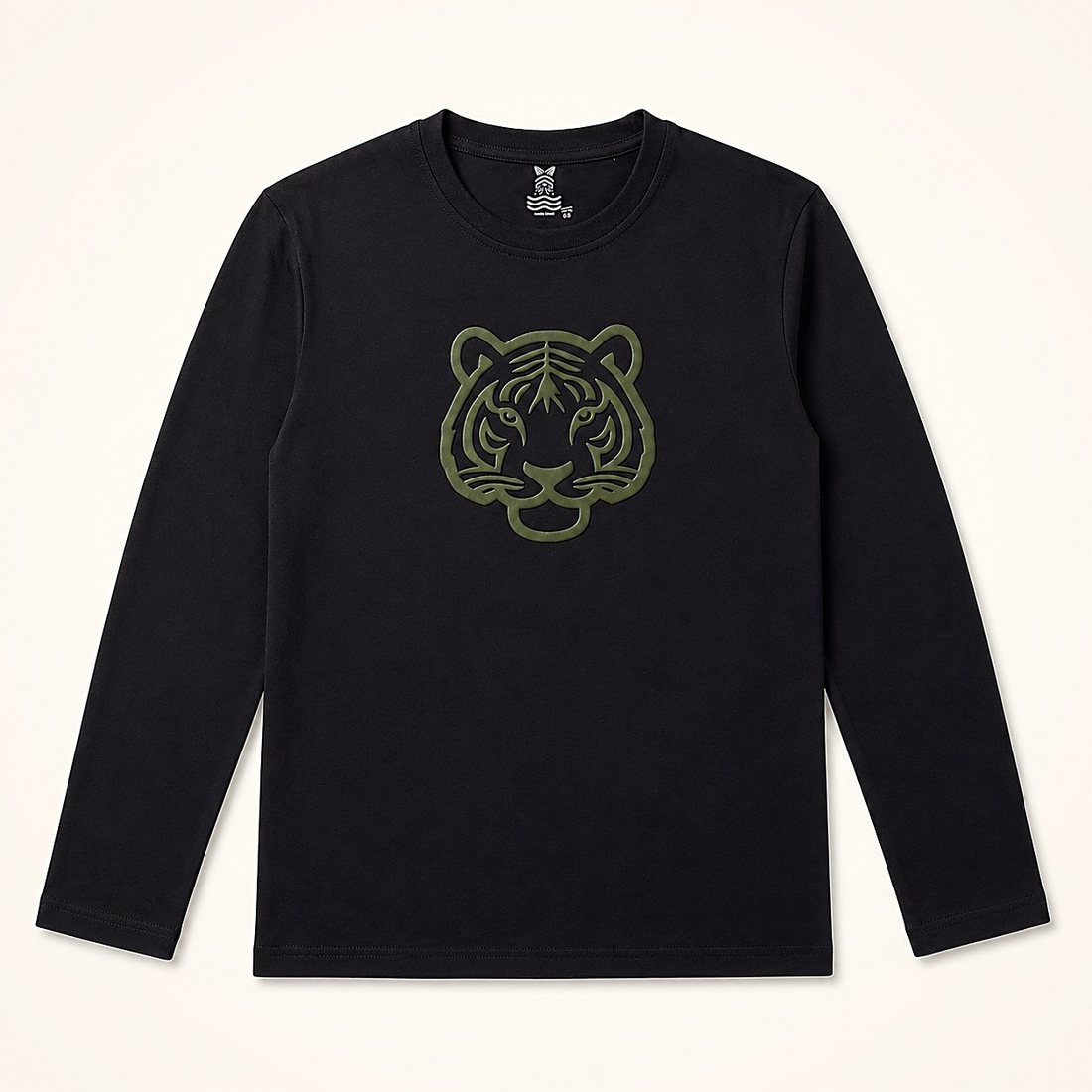 The Little Tiger Tee in Black — black long-sleeve tee with an olive puff-print tiger face